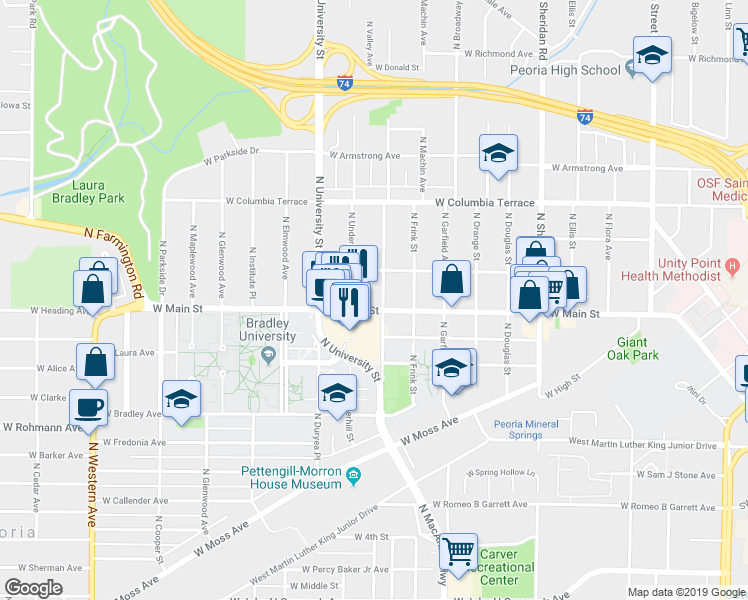 map of restaurants, bars, coffee shops, grocery stores, and more near in Peoria
