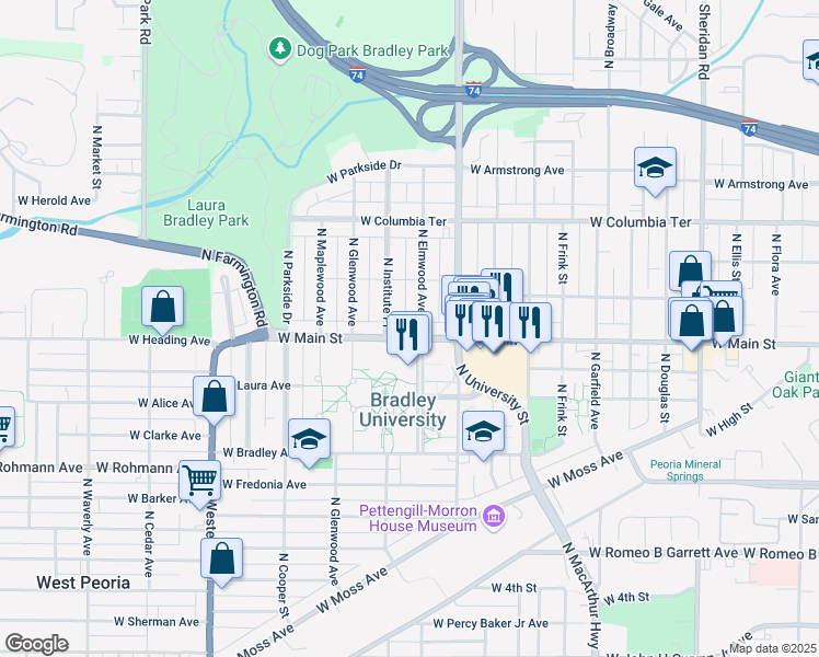 map of restaurants, bars, coffee shops, grocery stores, and more near 934 North Elmwood Avenue in Peoria