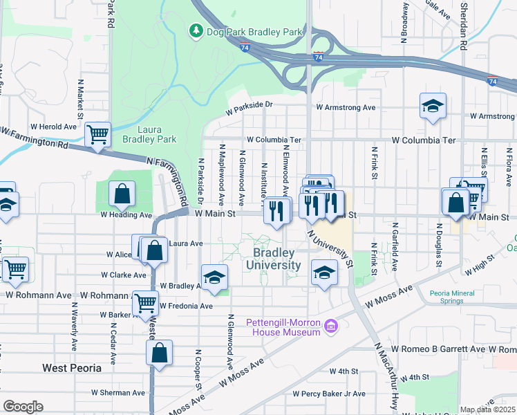 map of restaurants, bars, coffee shops, grocery stores, and more near 1422 West Main Street in Peoria
