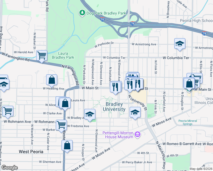 map of restaurants, bars, coffee shops, grocery stores, and more near 1422 West Main Street in Peoria