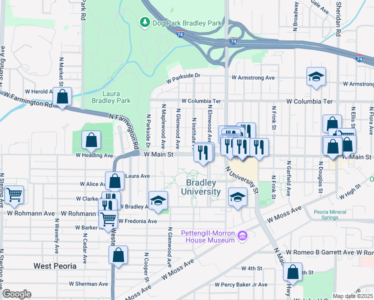map of restaurants, bars, coffee shops, grocery stores, and more near 1422 West Main Street in Peoria