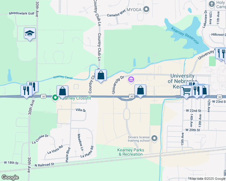 map of restaurants, bars, coffee shops, grocery stores, and more near 2402 University Drive in Kearney