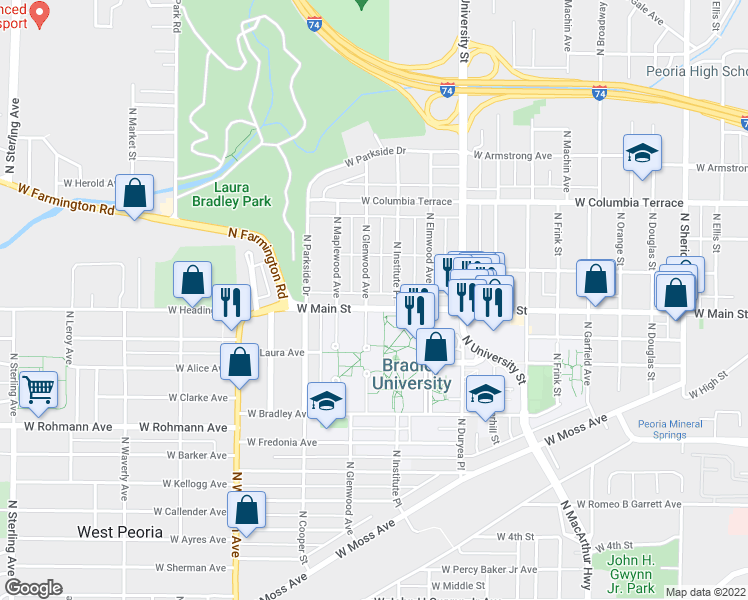 map of restaurants, bars, coffee shops, grocery stores, and more near 1515 West Main Street in Peoria