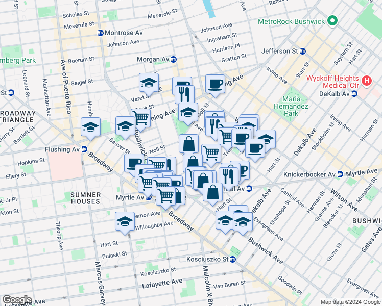 map of restaurants, bars, coffee shops, grocery stores, and more near 95 Evergreen Avenue in Brooklyn