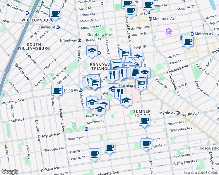 map of restaurants, bars, coffee shops, grocery stores, and more near 171 Hopkins Street in Brooklyn