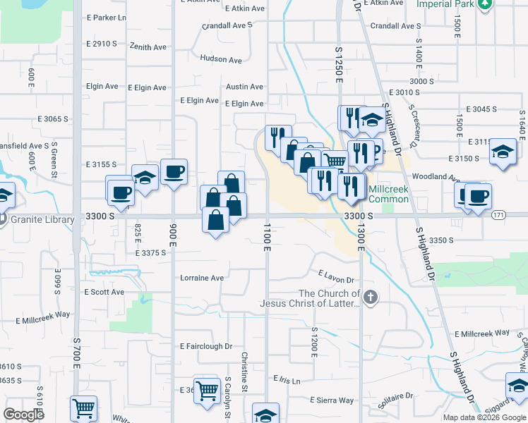 map of restaurants, bars, coffee shops, grocery stores, and more near 1108 East 3300 South in Salt Lake City
