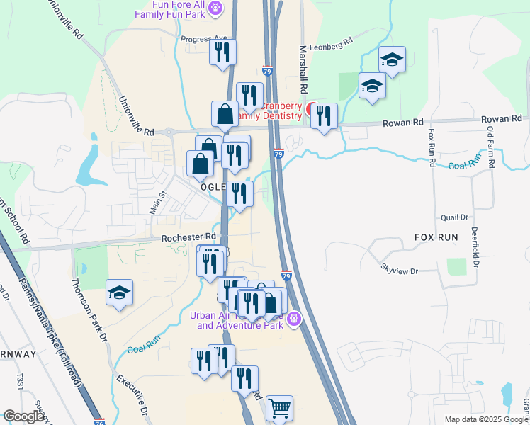 map of restaurants, bars, coffee shops, grocery stores, and more near 130 Wisconsin Avenue in Cranberry Township