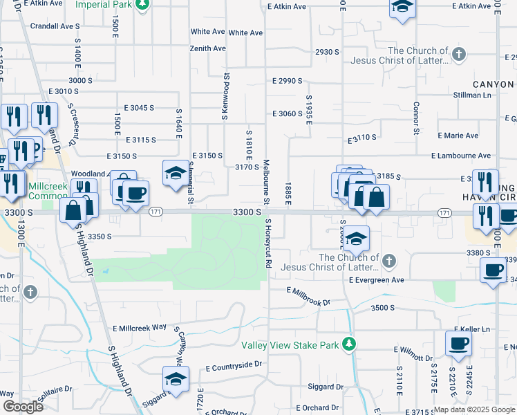map of restaurants, bars, coffee shops, grocery stores, and more near 1826 Melbourne Court in Millcreek