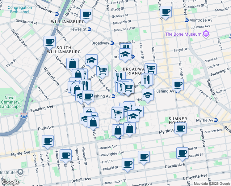 map of restaurants, bars, coffee shops, grocery stores, and more near 11 Gerry Street in Brooklyn