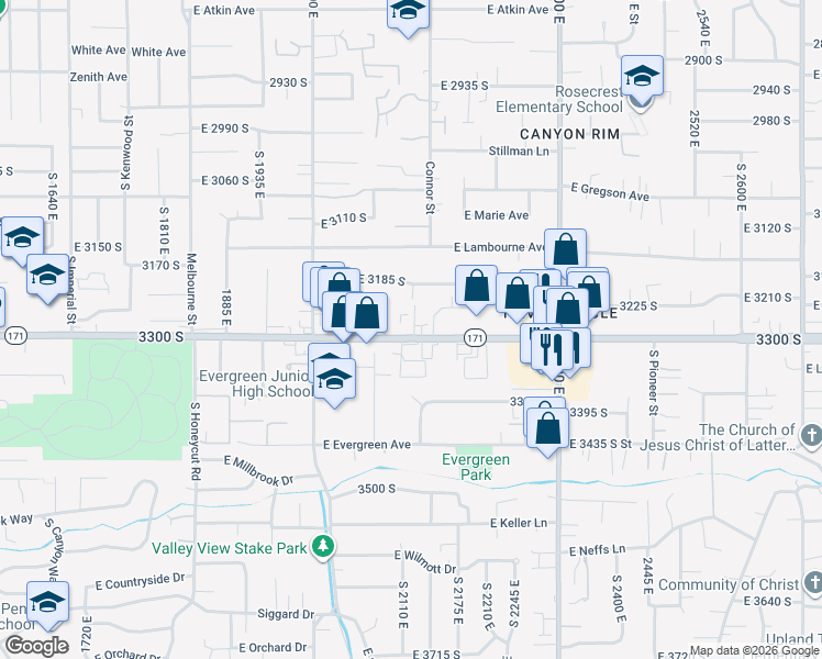map of restaurants, bars, coffee shops, grocery stores, and more near 2102 3300 South in Salt Lake City