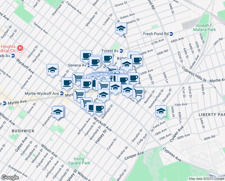 map of restaurants, bars, coffee shops, grocery stores, and more near 879 Cypress Avenue in Queens
