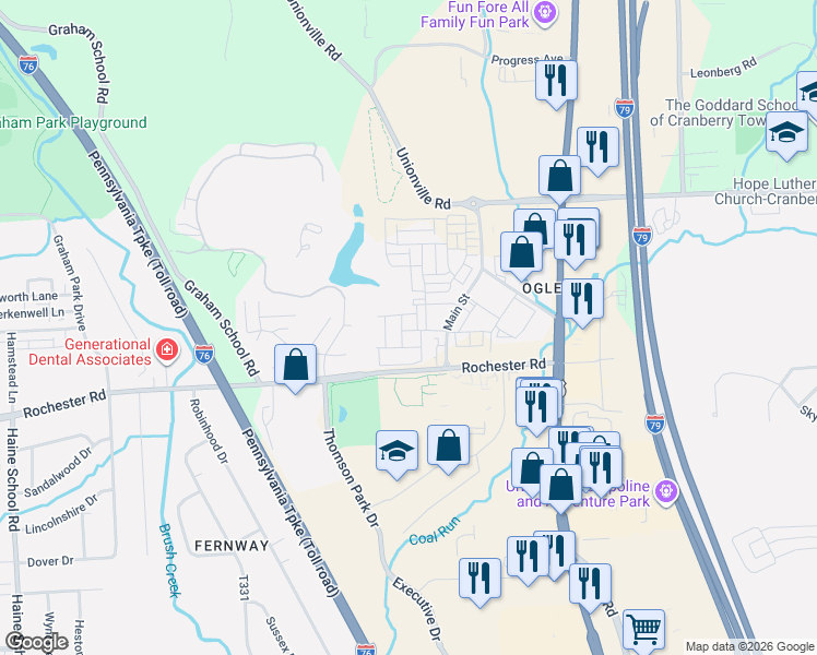 map of restaurants, bars, coffee shops, grocery stores, and more near 407 Roebling Court in Cranberry Township