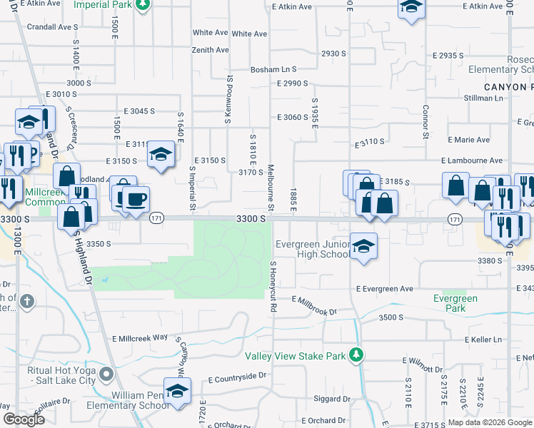 map of restaurants, bars, coffee shops, grocery stores, and more near 1838 Melbourne Court in Millcreek