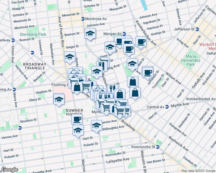 map of restaurants, bars, coffee shops, grocery stores, and more near 525 Bushwick Avenue in Brooklyn