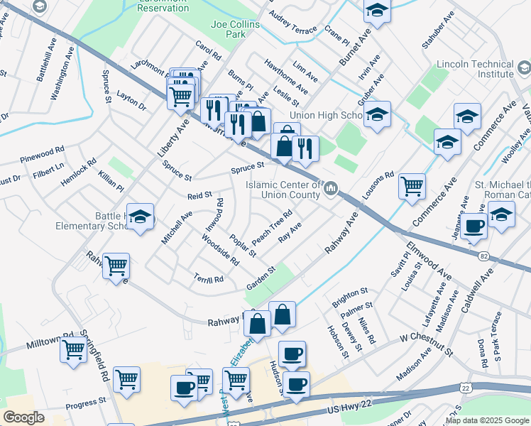 map of restaurants, bars, coffee shops, grocery stores, and more near 888 Peach Tree Road in Union