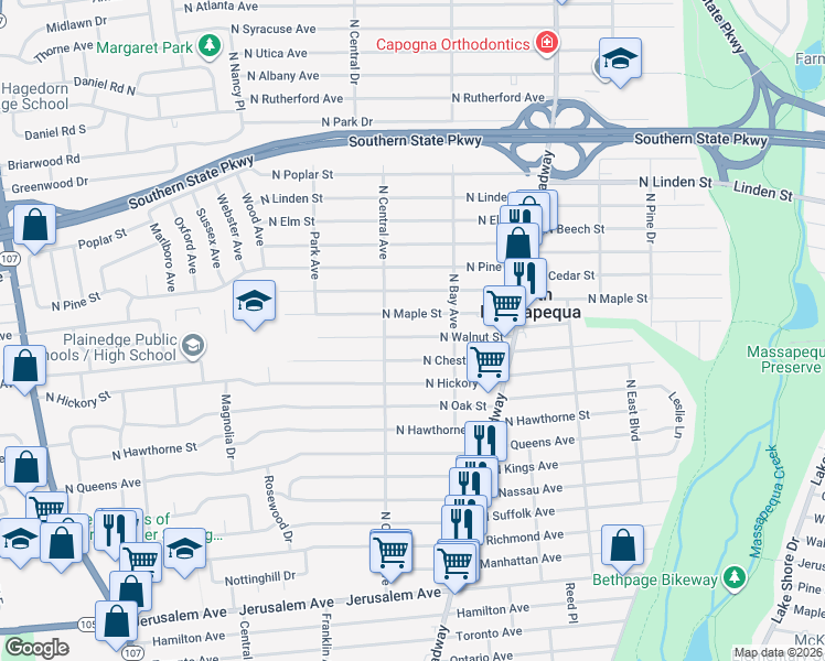 map of restaurants, bars, coffee shops, grocery stores, and more near 229 North Chestnut Street in Massapequa