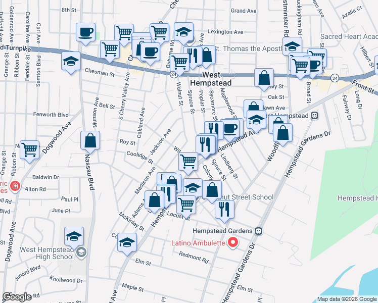 map of restaurants, bars, coffee shops, grocery stores, and more near 367 Hempstead Avenue in West Hempstead