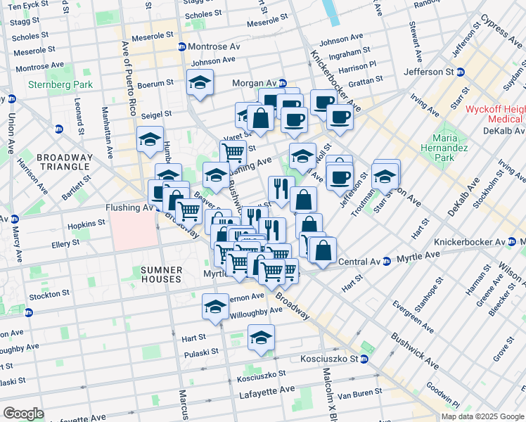 map of restaurants, bars, coffee shops, grocery stores, and more near 6 Renaissance Court in Brooklyn