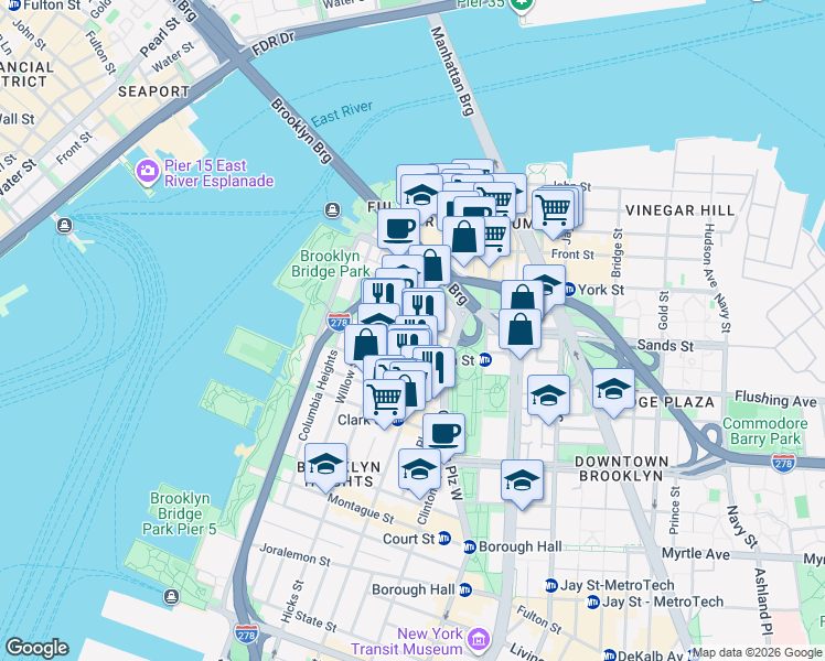 map of restaurants, bars, coffee shops, grocery stores, and more near 64 Middagh Street in Brooklyn