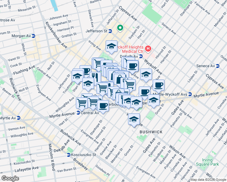 map of restaurants, bars, coffee shops, grocery stores, and more near 189 Stockholm Street in Brooklyn