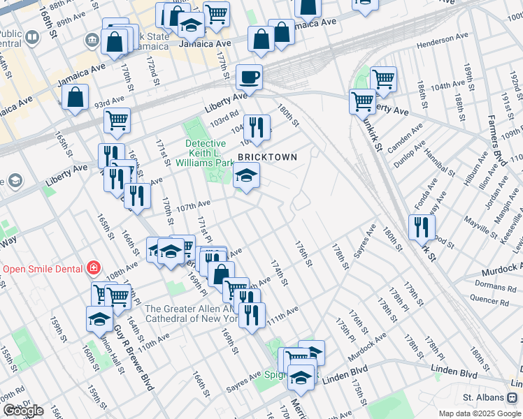 map of restaurants, bars, coffee shops, grocery stores, and more near 175th Street in Queens