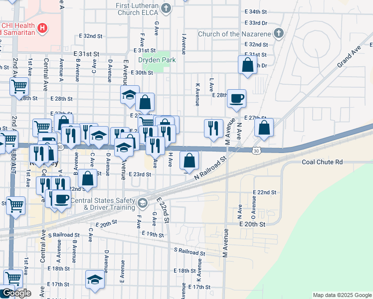 map of restaurants, bars, coffee shops, grocery stores, and more near 2499 Ave I in Kearney