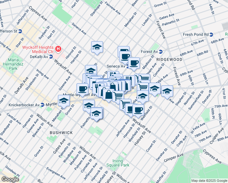 map of restaurants, bars, coffee shops, grocery stores, and more near 54-32 Myrtle Avenue in Queens