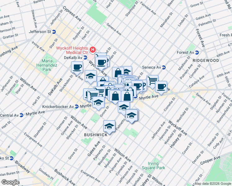 map of restaurants, bars, coffee shops, grocery stores, and more near 320 Irving Avenue in Brooklyn