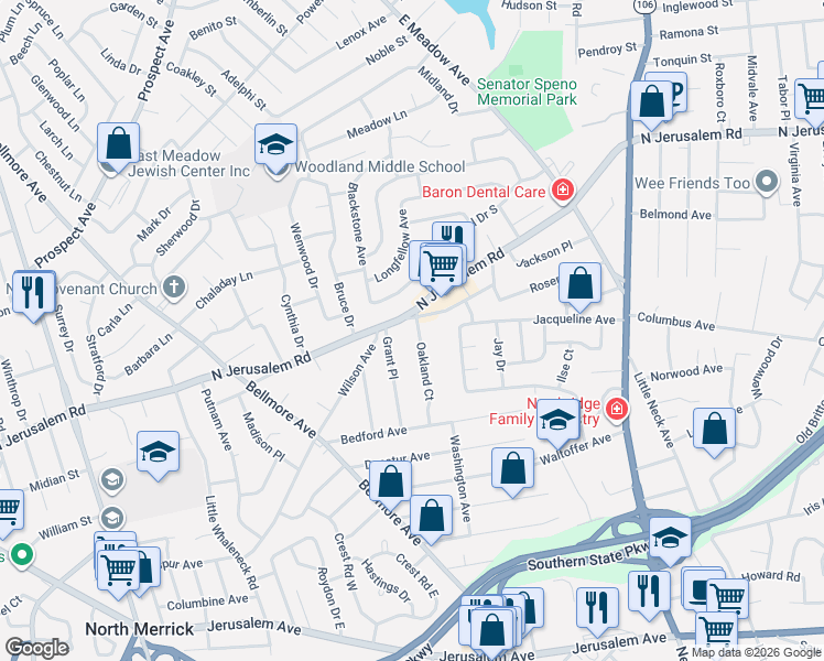 map of restaurants, bars, coffee shops, grocery stores, and more near 854 Oakland Court in North Bellmore