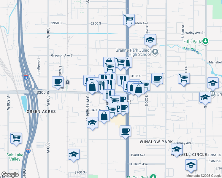 map of restaurants, bars, coffee shops, grocery stores, and more near 3300 South Main Street in Salt Lake City