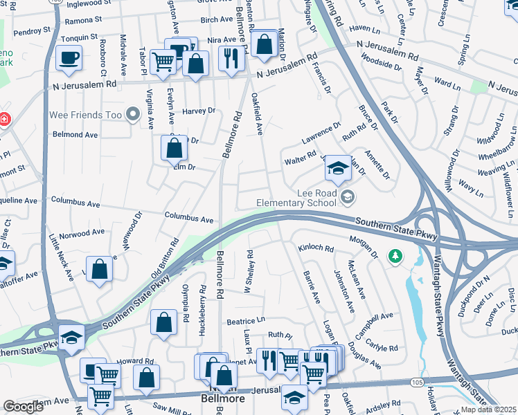 map of restaurants, bars, coffee shops, grocery stores, and more near 2724 North Shelley Road in North Bellmore