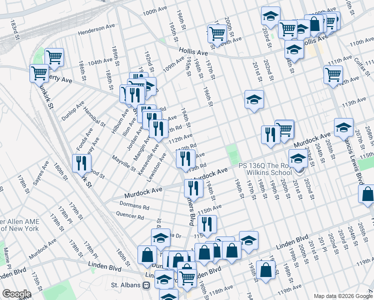 map of restaurants, bars, coffee shops, grocery stores, and more near 191-21 113th Avenue in Queens