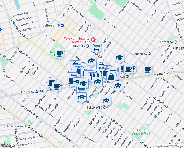 map of restaurants, bars, coffee shops, grocery stores, and more near 1361 Greene Avenue in Brooklyn