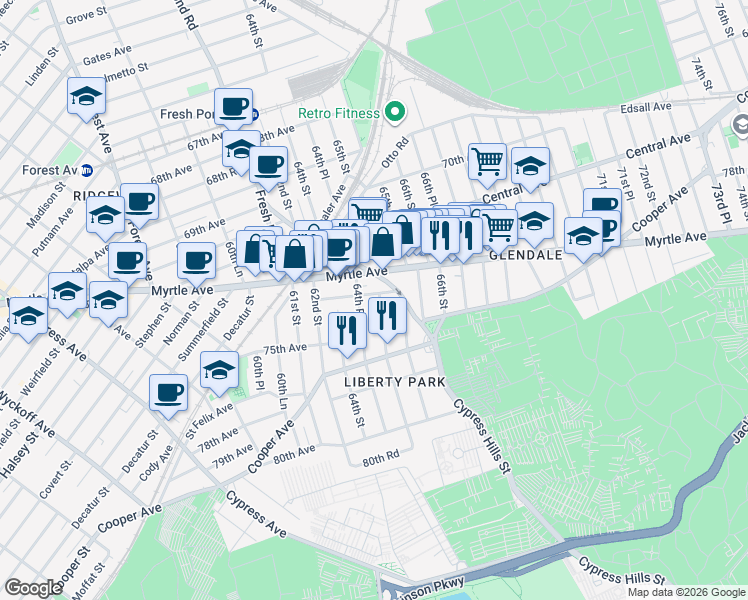 map of restaurants, bars, coffee shops, grocery stores, and more near 74-06 64th Lane in Queens