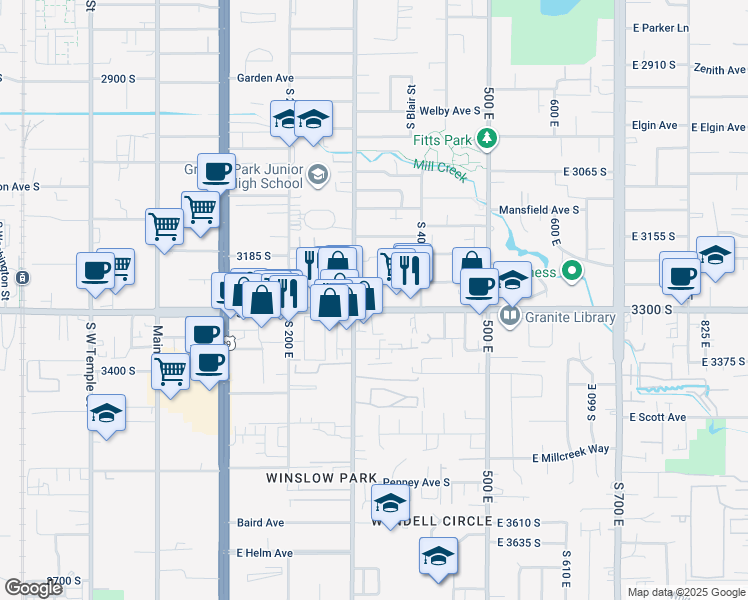 map of restaurants, bars, coffee shops, grocery stores, and more near 324 East 3300 South in South Salt Lake