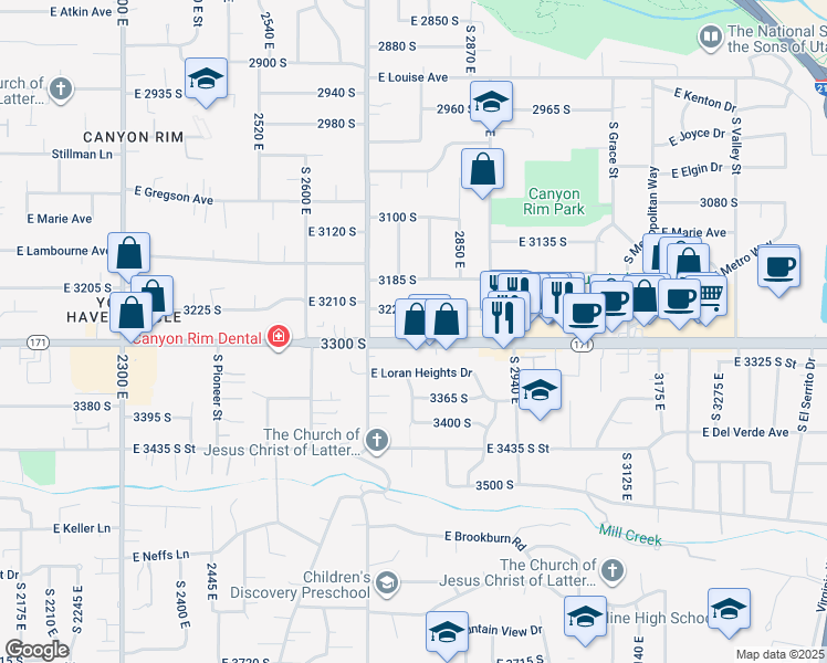 map of restaurants, bars, coffee shops, grocery stores, and more near 2780 East 3300 South in Salt Lake City