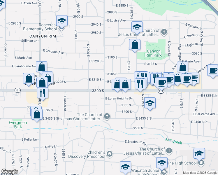 map of restaurants, bars, coffee shops, grocery stores, and more near 2730 3300 South in Salt Lake City