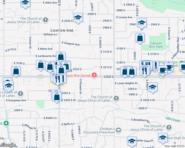 map of restaurants, bars, coffee shops, grocery stores, and more near 2532 3300 South in Salt Lake City