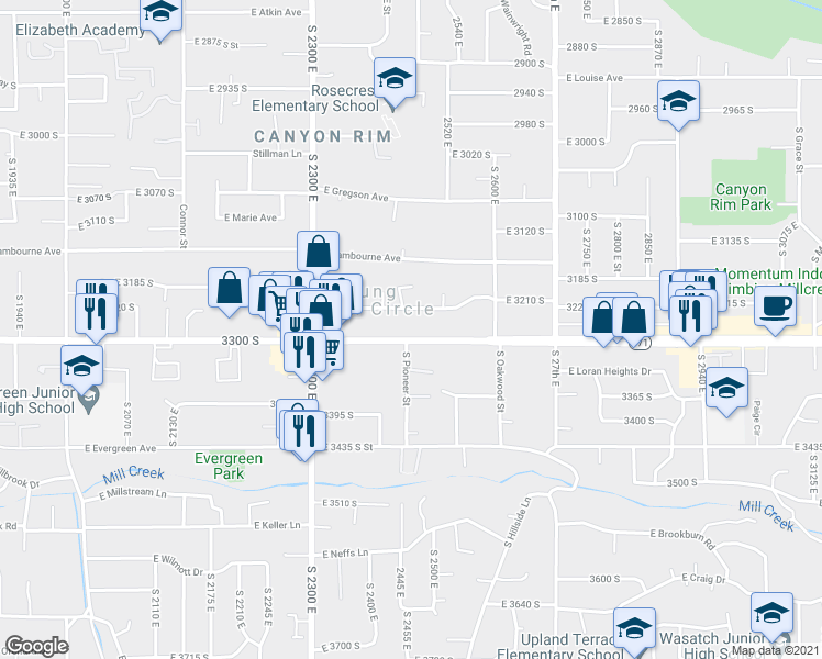map of restaurants, bars, coffee shops, grocery stores, and more near 3321 South Pioneer Street in Salt Lake City