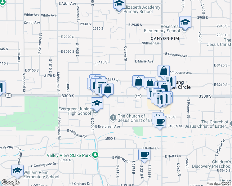 map of restaurants, bars, coffee shops, grocery stores, and more near 2102 3300 South in Salt Lake City