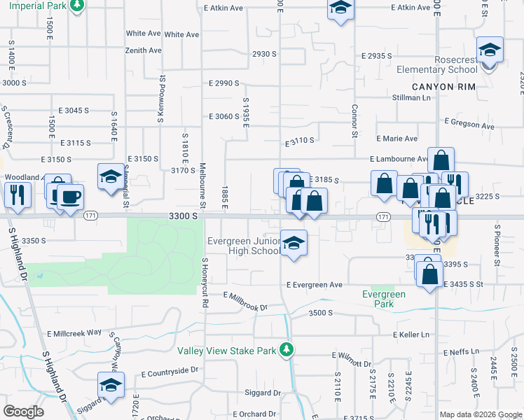 map of restaurants, bars, coffee shops, grocery stores, and more near 1960 East 3300 South in Salt Lake City