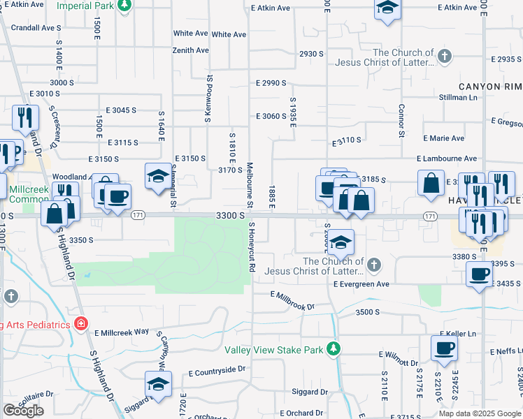 map of restaurants, bars, coffee shops, grocery stores, and more near 3321 South Honeycut Road in Millcreek