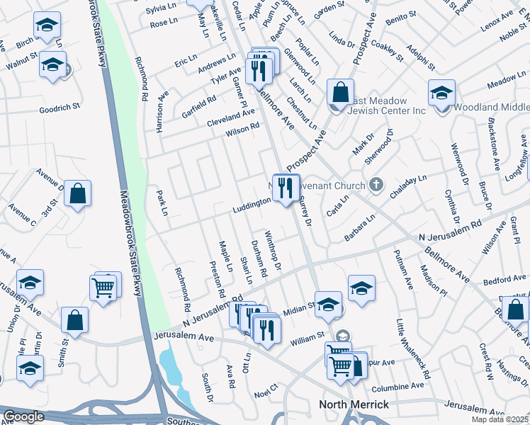 map of restaurants, bars, coffee shops, grocery stores, and more near 857 Winthrop Drive in East Meadow