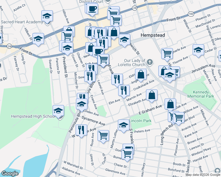 map of restaurants, bars, coffee shops, grocery stores, and more near 28 Maple Avenue in Hempstead