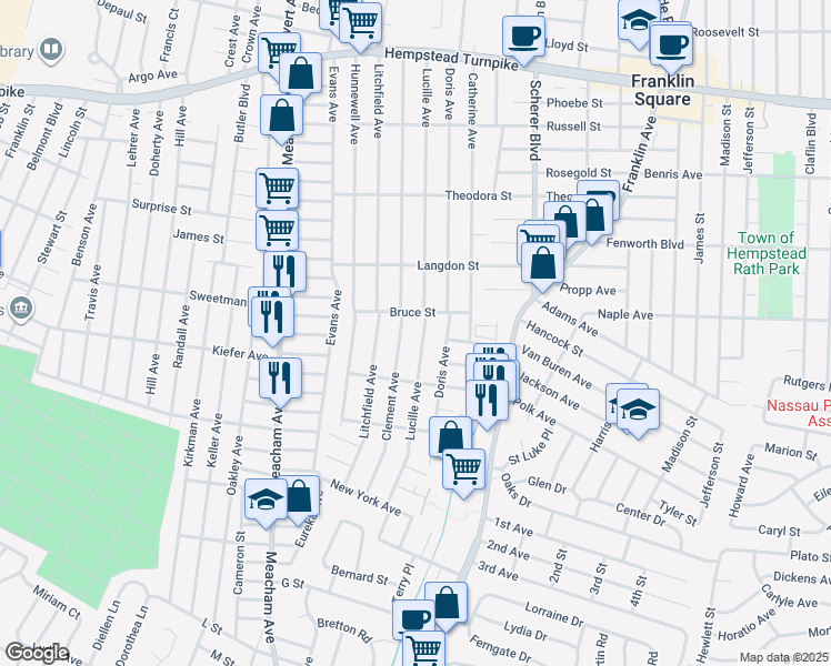map of restaurants, bars, coffee shops, grocery stores, and more near 339 Clement Avenue in Elmont