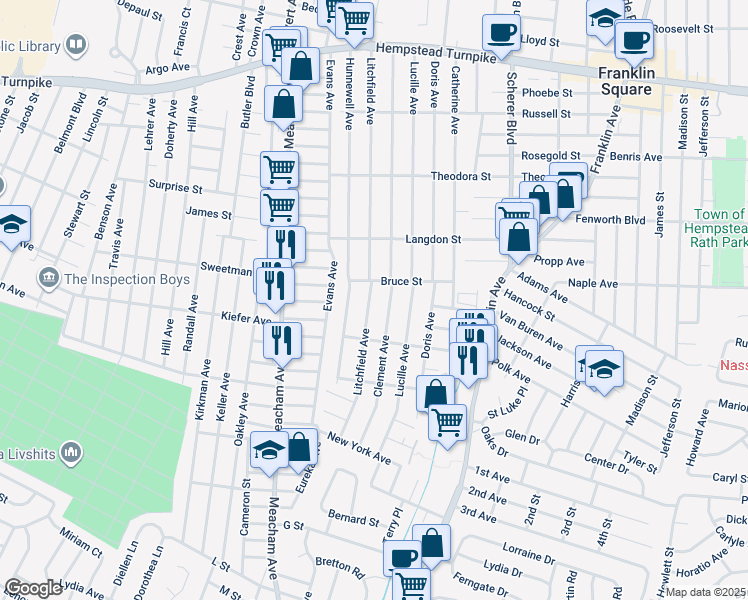 map of restaurants, bars, coffee shops, grocery stores, and more near 340 Litchfield Avenue in Elmont