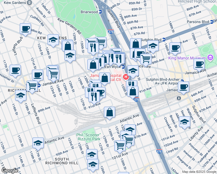 map of restaurants, bars, coffee shops, grocery stores, and more near 13020 132nd Street in Queens