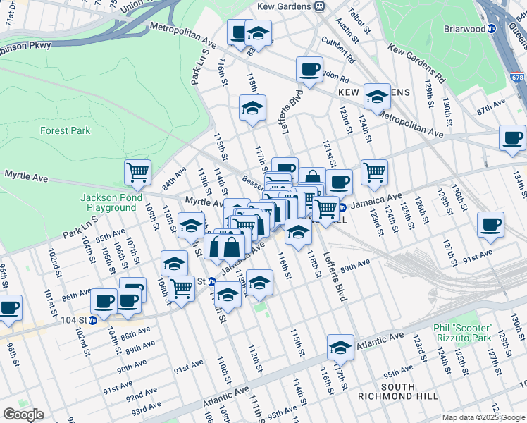 map of restaurants, bars, coffee shops, grocery stores, and more near 86-05 115th Street in Queens