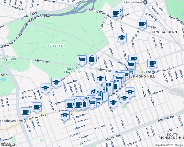 map of restaurants, bars, coffee shops, grocery stores, and more near 85-12 109th Street in Queens