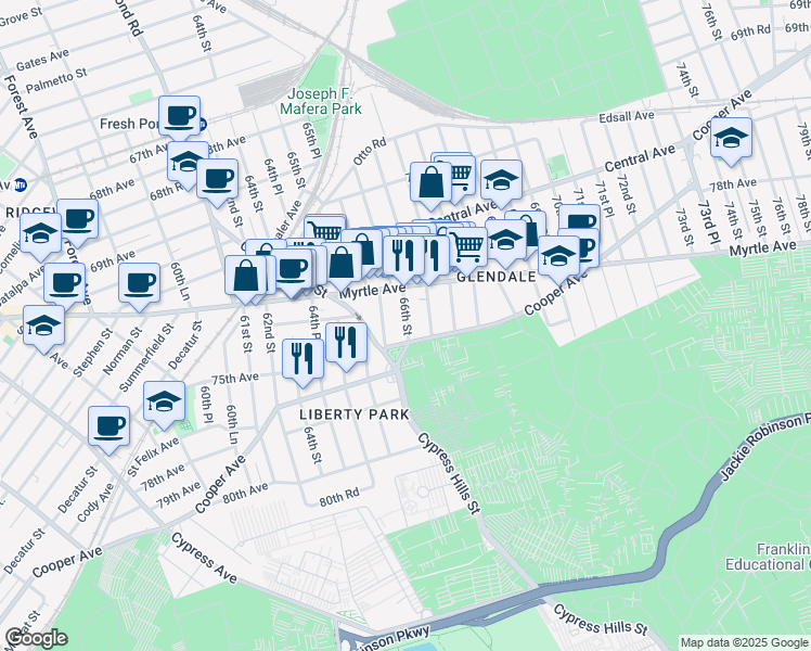 map of restaurants, bars, coffee shops, grocery stores, and more near 48 Cypress Hills Street in Queens